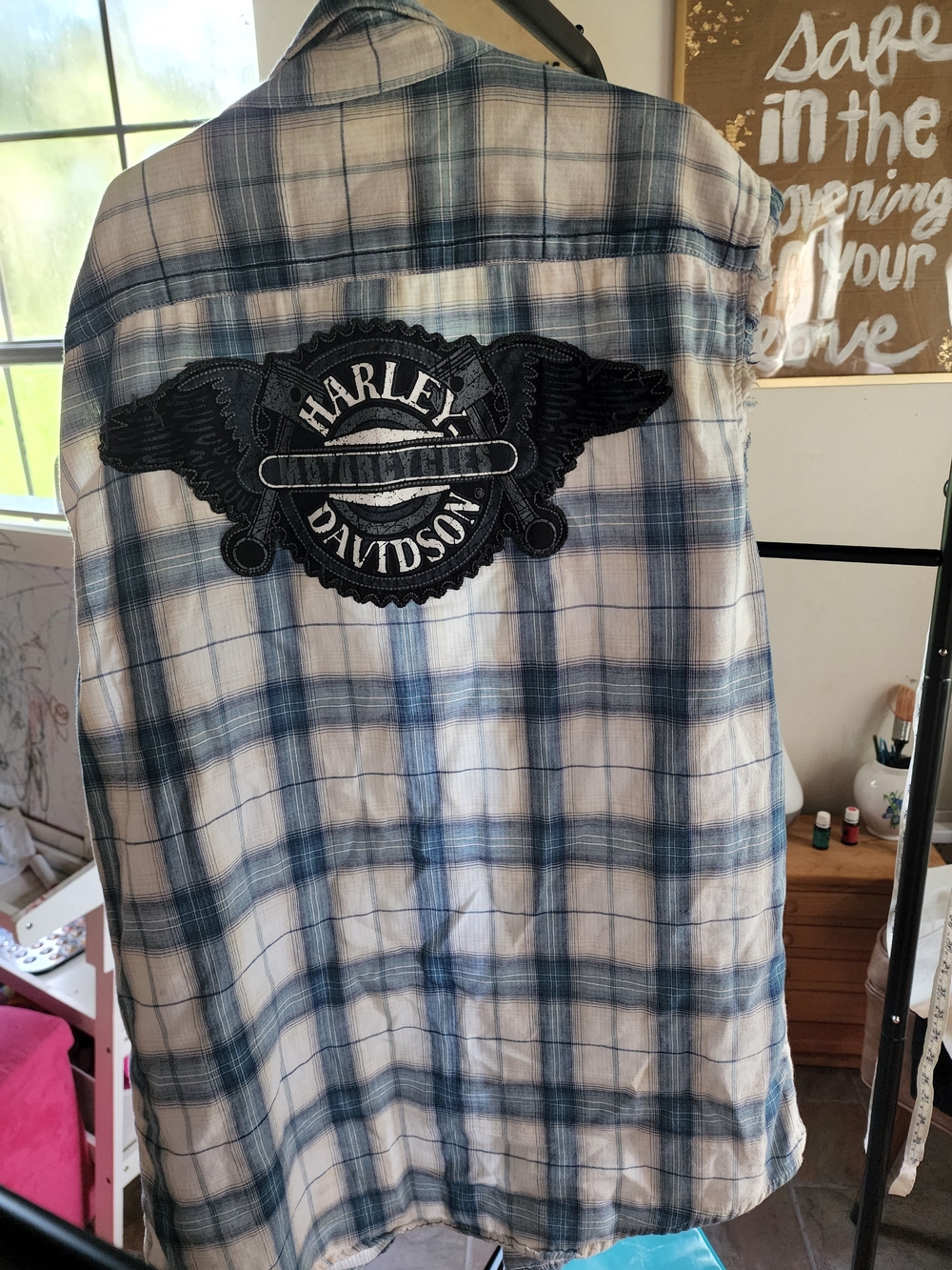 Harley-Davidson Cream and Blue Plaid Button-Down Shirt with Back Patch
